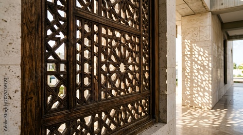 Wooden Mashrabiya Screen Filtering Sunlight on Modern Building in Jeddah, Saudi Arabia