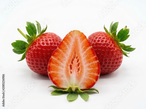 Fresh red strawberries with a sliced strawberry half in the center isolated on white background