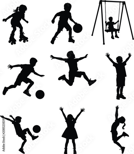 Set of active children silhouettes playing sports and enjoying playground set.