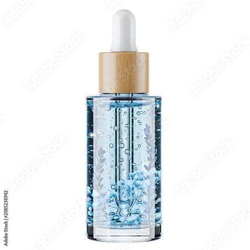Clear perfume bottle with wooden dropper cap on white background isolated on white background