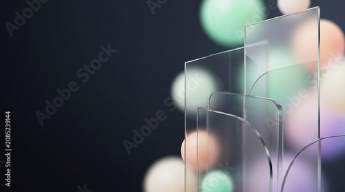 Minimalist abstract composition with transparent glass panels and soft pastel bokeh spheres