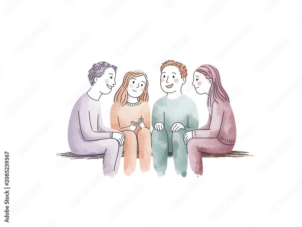 Fototapeta premium Family Sitting on Park Bench Talking Watercolor Illustration