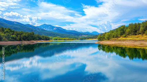 Serene lake reflects mountains and blue sky, creating peaceful atmosphere. Lush greenery surrounds water, enhancing natural beauty