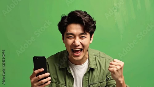 A happy young man celebrates success while holding a mobile device