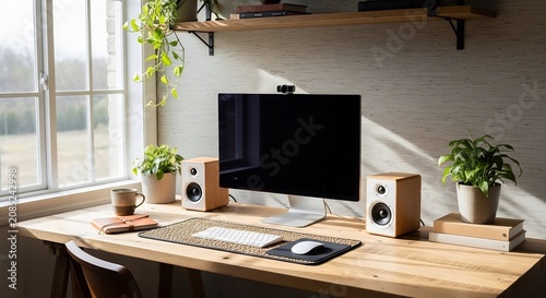 Cozy home office workspace with computer speakers plants and natural light near window.