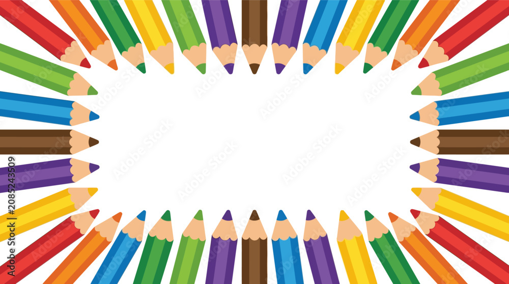 Fototapeta premium Bright flat vector rectangular frame composed of multi-colored pencils pointing inward toward a blank white center for educational or artistic copy space.