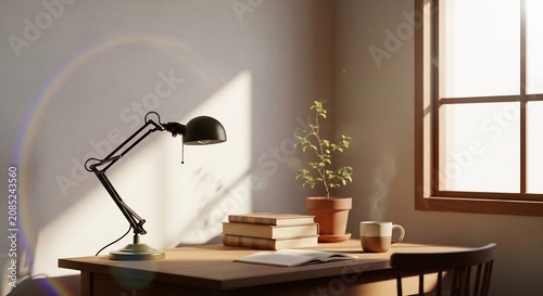 Cozy Workspace with Desk Lamp Books and Potted Plant by Window.