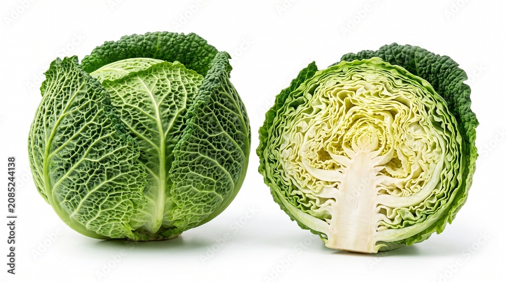 Obraz premium Fresh green savoy cabbage, one whole and one cut in half, showcasing its textured leaves and internal structure on a clean white background.