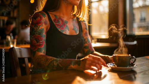 Woman with floral tattoos sitting in a cafe with steaming coffee. Modern female relaxing in warm sunlight. Lifestyle concept for alternative culture and urban fashion marketing.