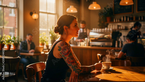 Tattooed woman sitting in a warm cafe holding a steaming coffee cup. Thoughtful female relaxing in a sunlit coffee shop during golden hour. Urban lifestyle and mindfulness concept for marketing.