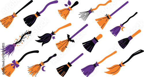 Konstfotografi Halloween witch broom icon collection featuring magical broomsticks whimsical fa