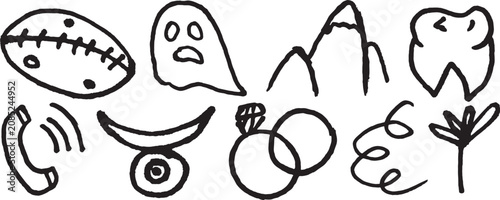 Bild auf Leinwand A collection of hand drawn doodles of various objects and symbols including a fo