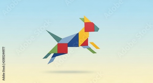 Geometric Origami Dog: Colorful and Playful Illustration on Gradient Background.