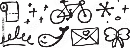 A collection of handdrawn doodle icons including bicycle smiley face envelope butterfly and various symbols isolated on transparent background