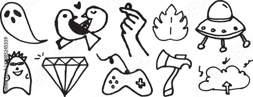 A collection of various cartoon doodle icons including ghost bird diamond and gaming controller on a transparent background for design