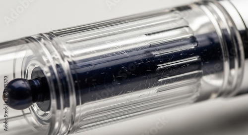 Close-up view of a transparent fountain pen showing ink reservoir and mechanism details.