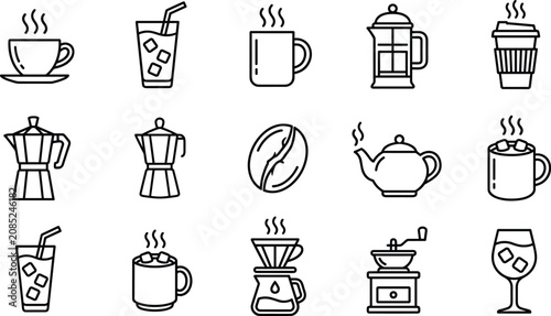Obraz na płótnie Coffee shop and hot beverage brewing line icons set with cup mug moka pot bean t