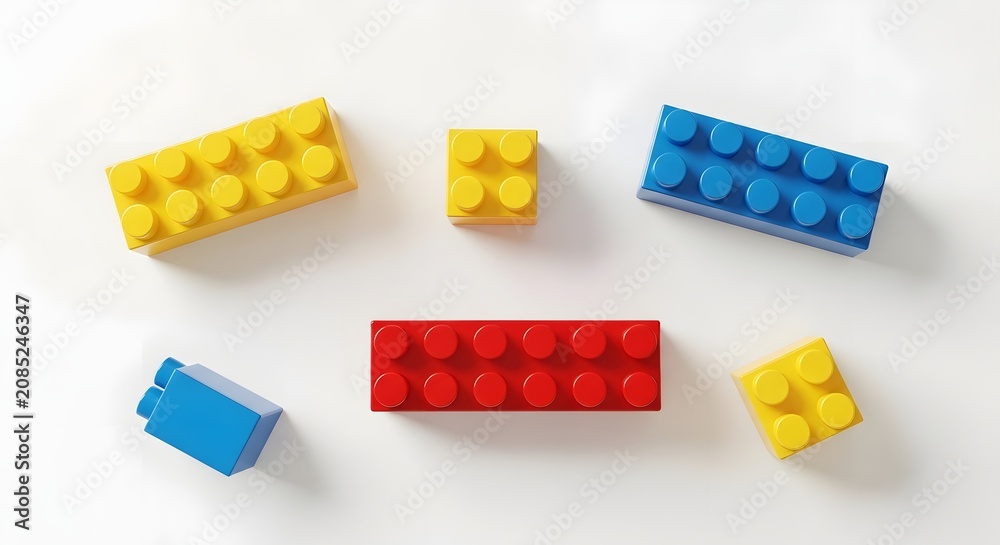 Fototapeta premium Various colorful plastic building blocks arranged on a white surface