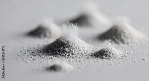 Close-up of several small piles of fine light-colored powder on a smooth surface.