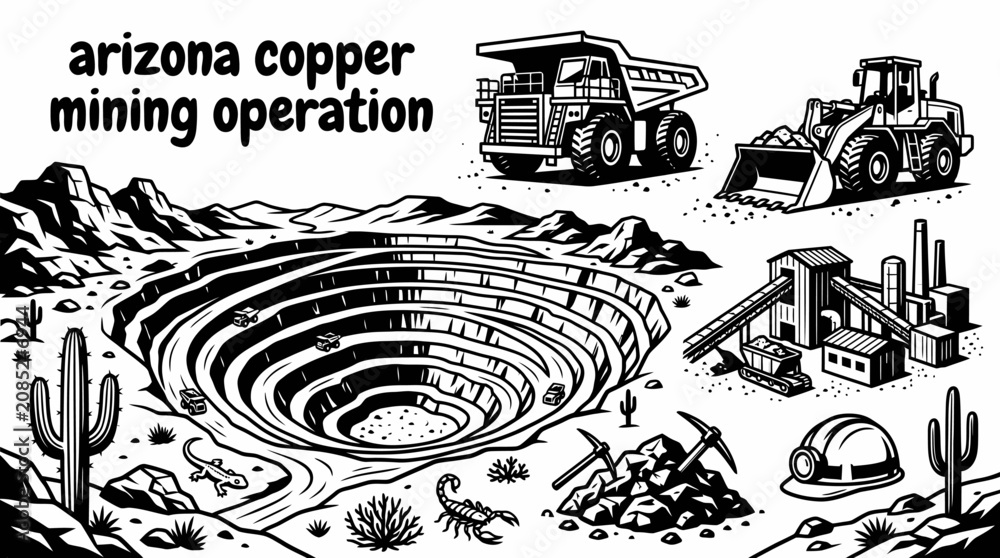 Obraz premium large open pit copper mine in arizona with heavy industrial excavation terraces mining roads equipment zones and rugged desert surroundings creating a productive resource industry vector
