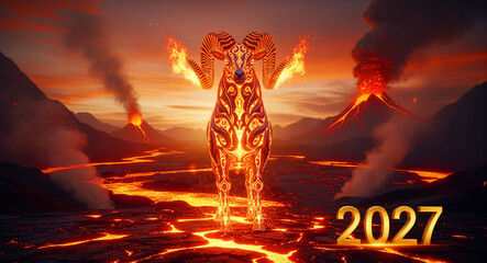 Crédence de cuisine Bordeaux Glowing fire ram in volcanic landscape with lava and year 2027. Majestic zodiac creature with flaming horns amidst smoke and magma. New year 2027 concept for astrology and horoscope marketing.  © NIELSEN FRUJA