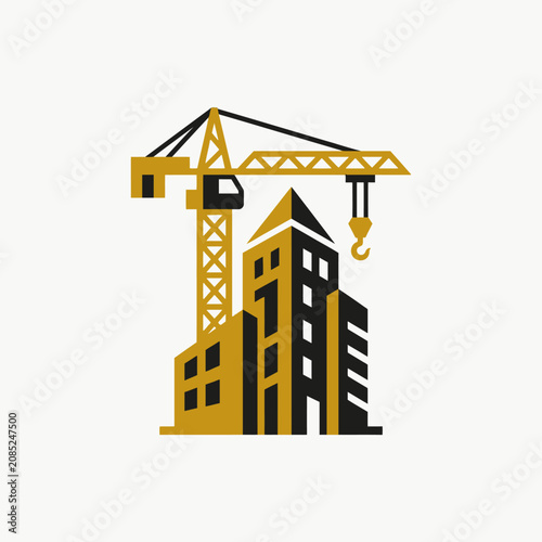 A stylized graphic illustration of a tall building under construction
