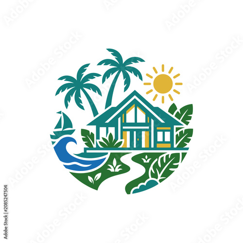 A circular graphic illustration of a tropical beach house with palm trees