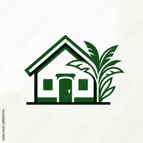A minimalist graphic illustration of a small house with a tropical palm tree