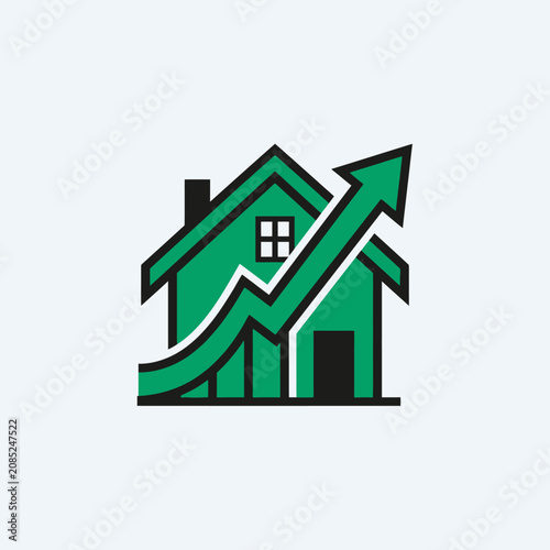 A green house icon with an upward trending arrow representing market growth