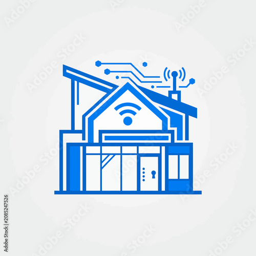 A blue icon representing a modern smart house with wireless connectivity