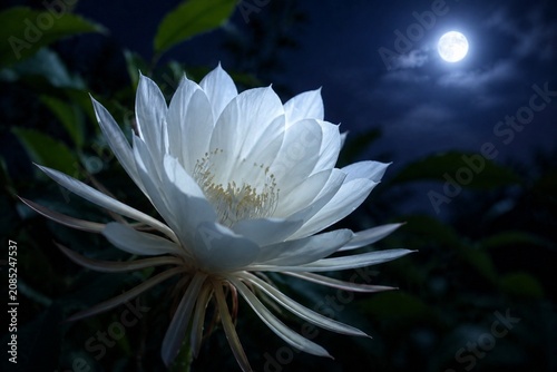 Night-blooming jasmine flower in full bloom under moonlight, petals gently unfurling.