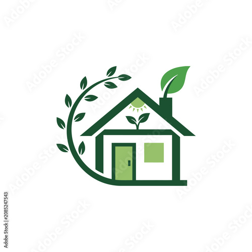 A minimalist green house icon representing sustainable living and eco-friendly design