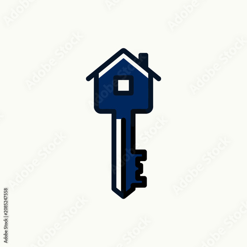A simple blue icon of a house shaped key on a light background