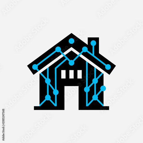 A digital icon representing a smart home with connected network nodes