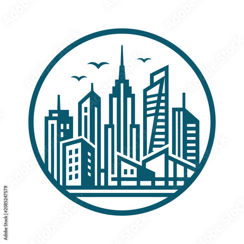 A minimalist circular icon featuring a stylized urban city skyline silhouette