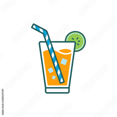 A refreshing glass of orange juice with a striped straw and a lime slice