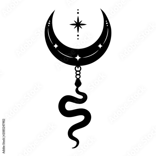 Crescent Moon Snake Celestial Tattoo Design