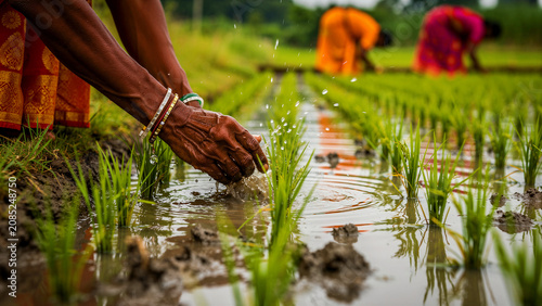 Close up of Indian female farmer hands planting rice seedlings in a flooded field. Traditional agricultural worker cultivating organic paddy crops. Sustainable farming and rural labor concept.