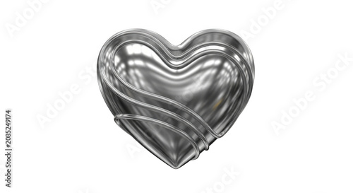 Polished chrome heart sculpture with metallic sheen and flowing contours isolated on transparent background