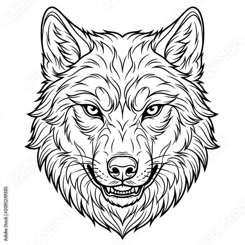 Detailed black and white line art illustration of a wolf head.
