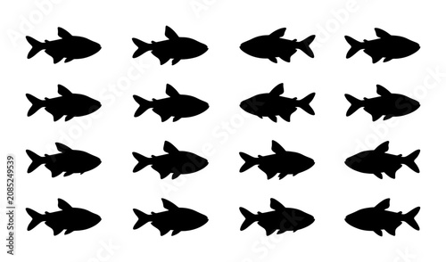 Fotografía School of Fish Silhouettes, Aquatic Animal Icons, Marine Life Vector Pattern, Si