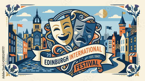 This flat design vector illustration beautifully combines classic theatre masks with a prominent festival banner, symbolizing the dramatic arts at the Edinburgh International Festival. 