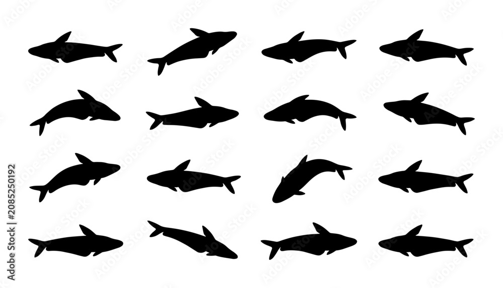 Fototapeta premium Shark Silhouettes Collection, Marine Life Vector Icons, Ocean Predators Graphic Elements, Aquatic Wildlife Set
