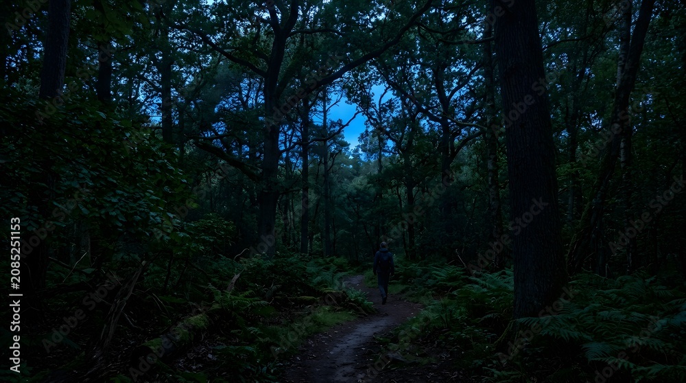 Obraz premium Lone hiker emerges from deep forest path as twilight descends.