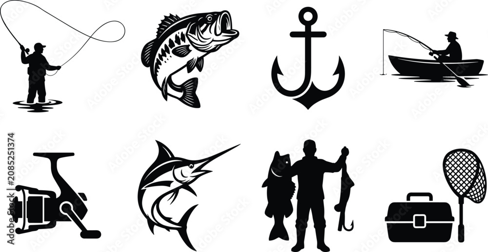 Obraz premium Set of black fishing icons featuring anglers, fish species, equipment, and nautical elements for design