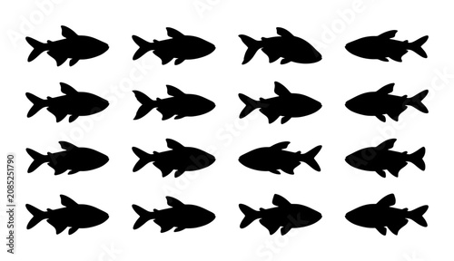 Cuadro en lienzo School of Black Fish Silhouettes, Aquatic Life Vector Pack, Marine Animal Icons,