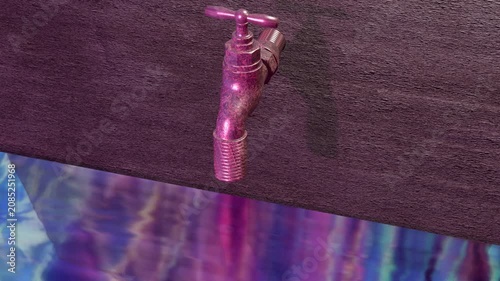 3D cinematic animation of Two Water Drops Falling from a Vintage Rusty Gold Faucet into a reflective urban fountain with Neon City Ripples, primarily for Aesthetic Noir and Moody created by 3d render 