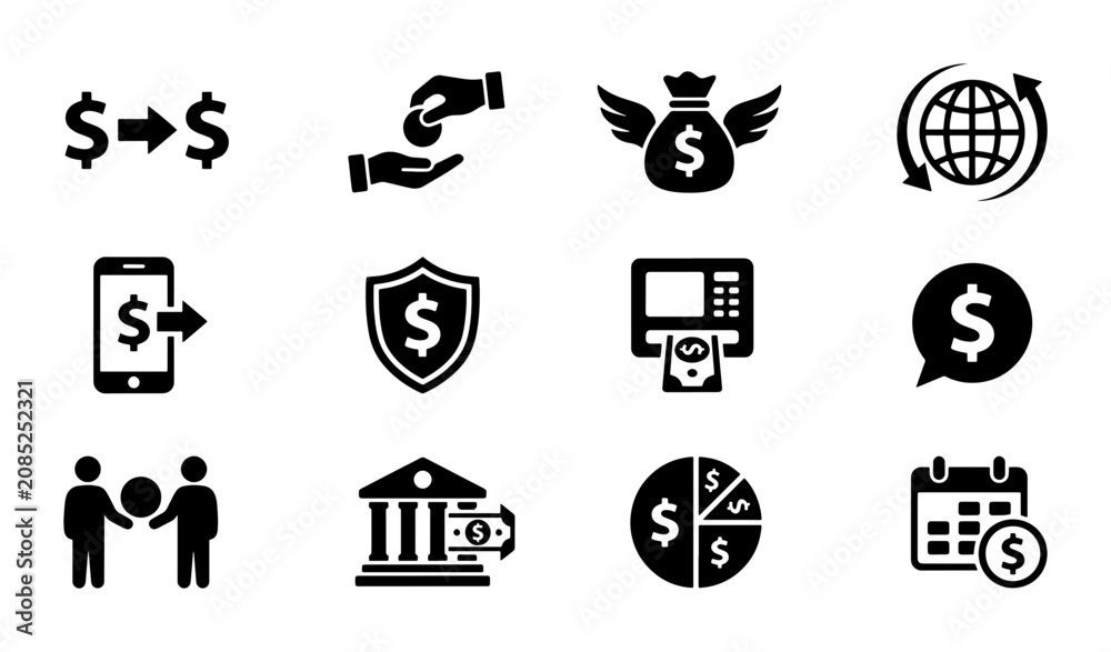 Fototapeta premium Financial Icons Set: Money Transfer, Payment, Savings, Security, Banking, ATM, Exchange, Investment, Calendar, 12 Vector Symbols for Business and Finance