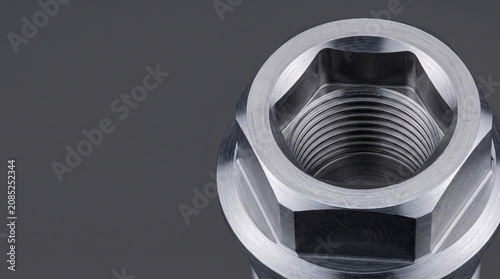 Creative Close-up of shiny metal nut, hex nut, threaded nut, industrial hardware 2k