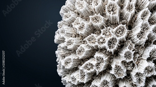 Creative Close-up of frosty, white, textured, circular object, against dark background 2k
